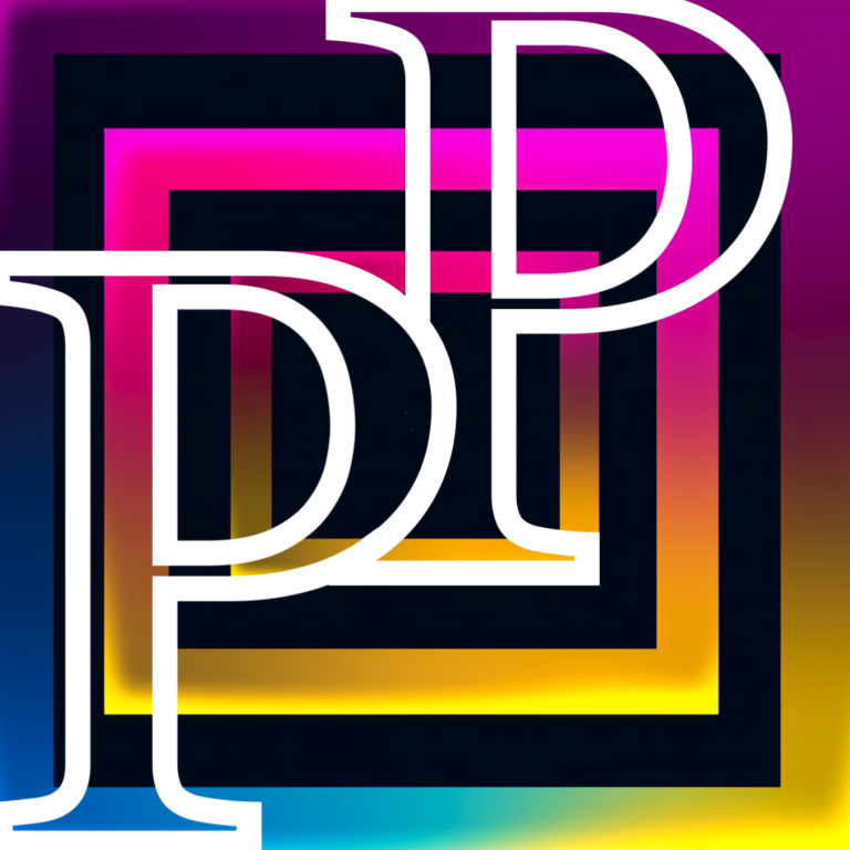 Logo Pfiffig Printing Drei in einander kleiner werdende Quadrate, mit CMYK Farbverlauf, auf schwarzem Hintergrund mit zwei "P" im Vordergrund.
