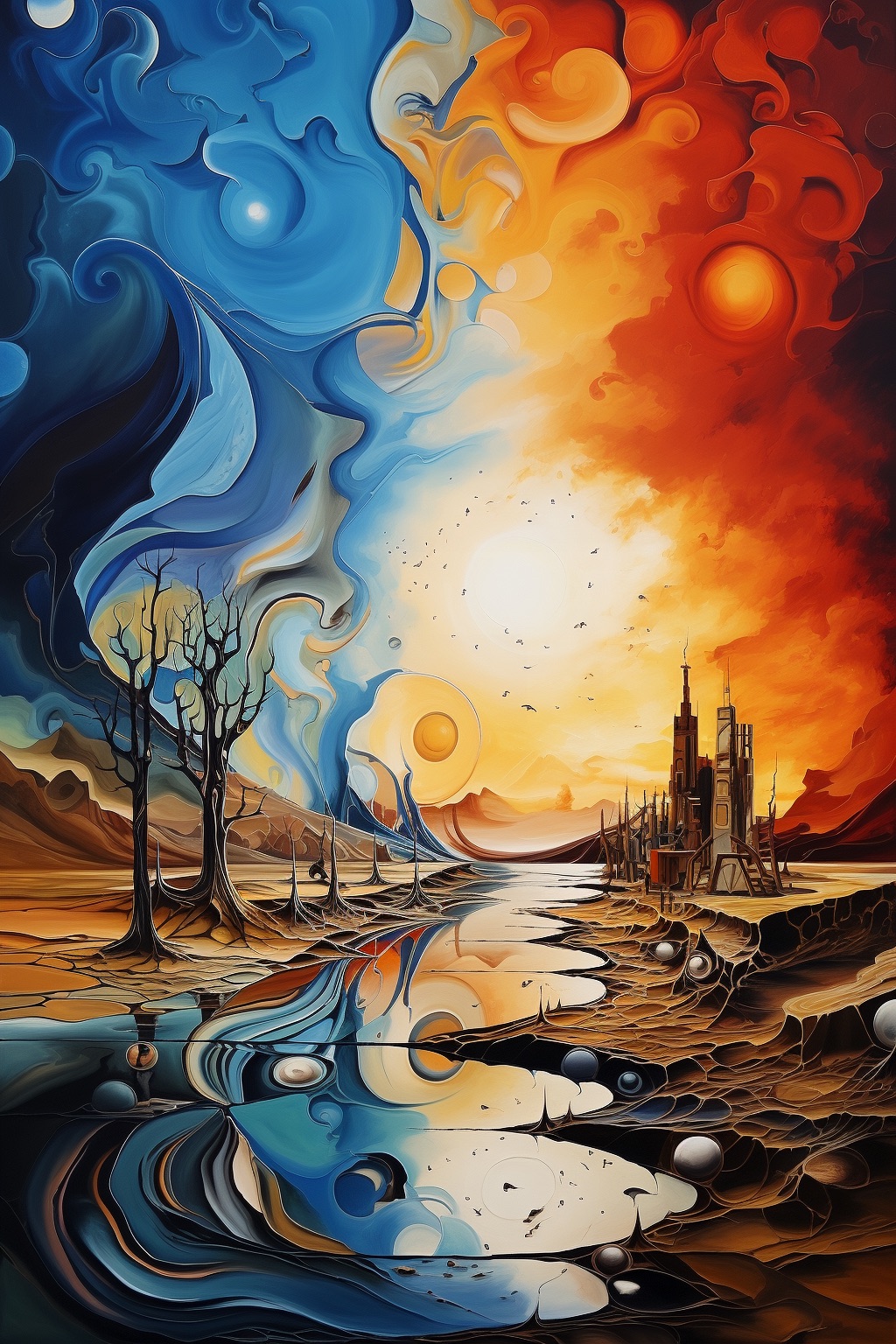 Fantasielandschaft mit fließendem Wasser, Sonnenuntergang und futuristischen Gebäuden.