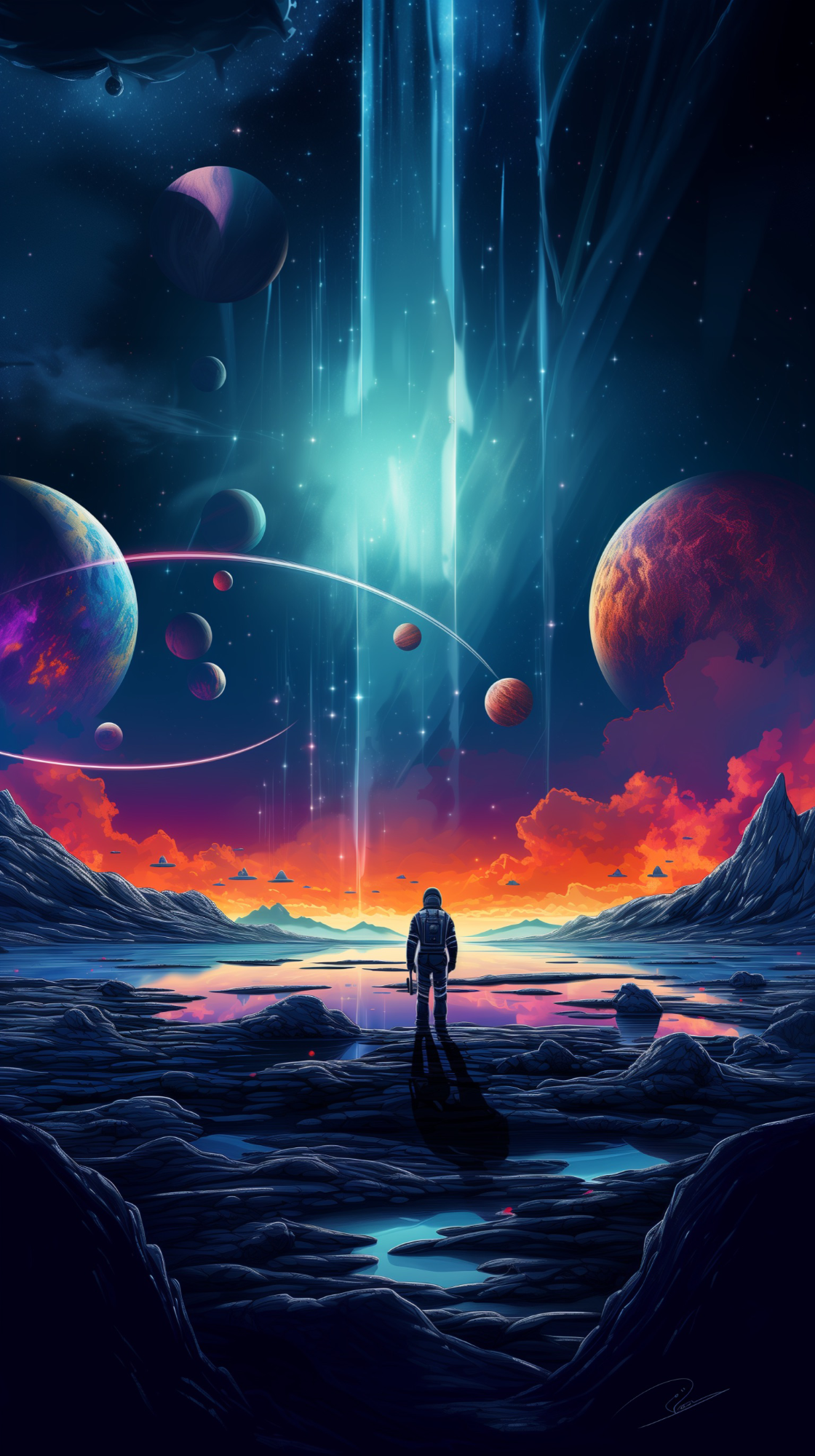 Eine silhouettenhafte Figur steht vor einem leuchtenden, farbenfrohen Weltraumhorizont.